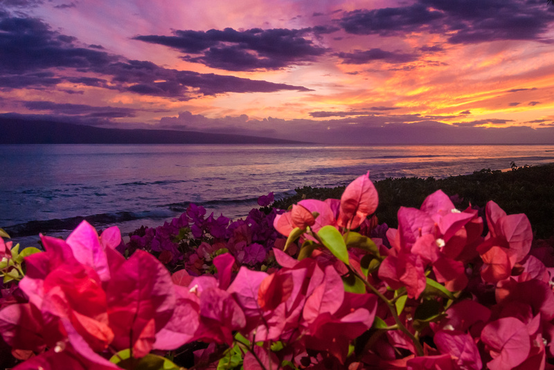 Sunset on beachfront at Hyatt Regency resort in Maui, Hawaii.